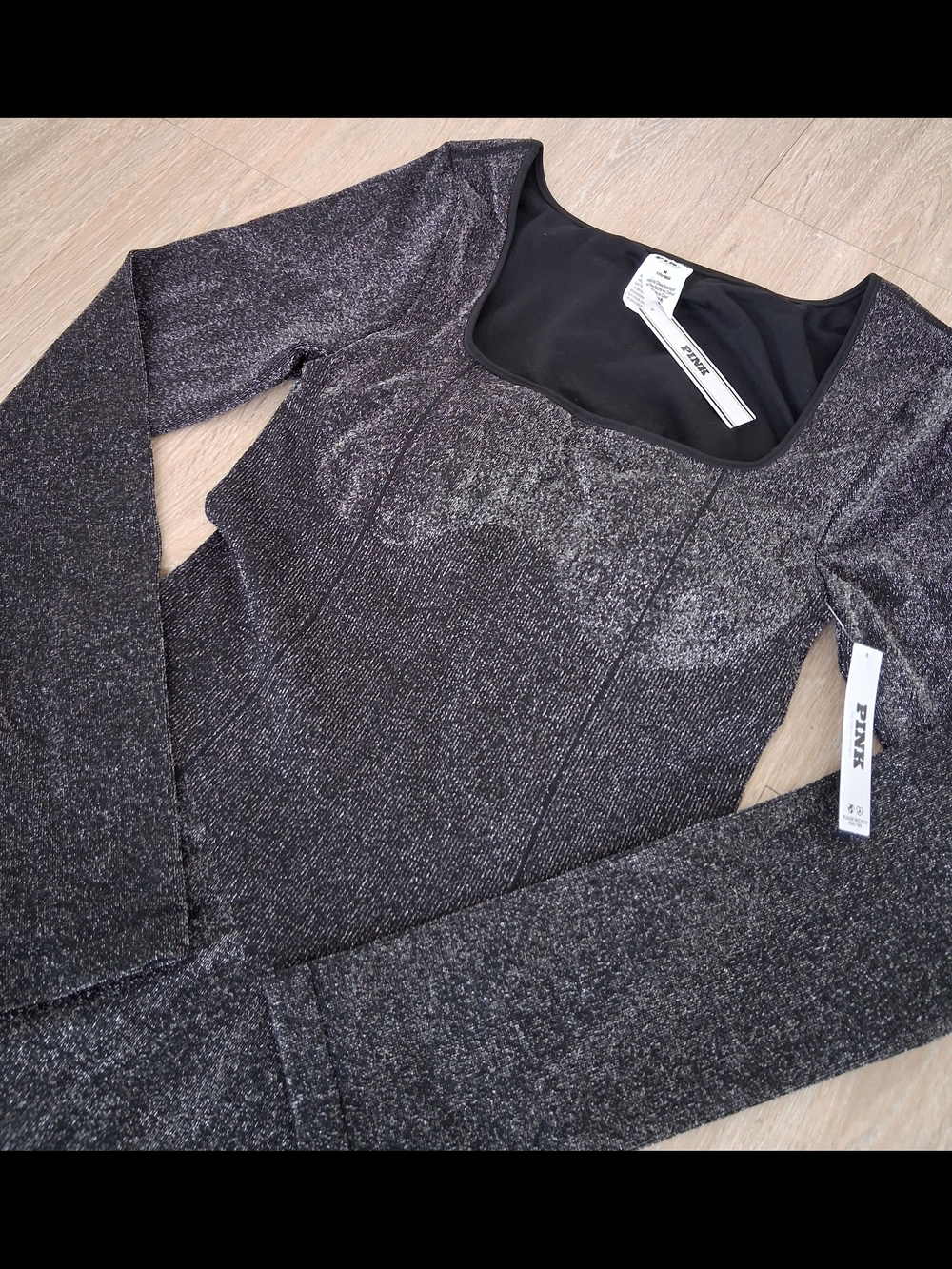 Victoria's Secret Black Sparkle Long-Sleeve Square Neck Onesie - Picture 5 of 5